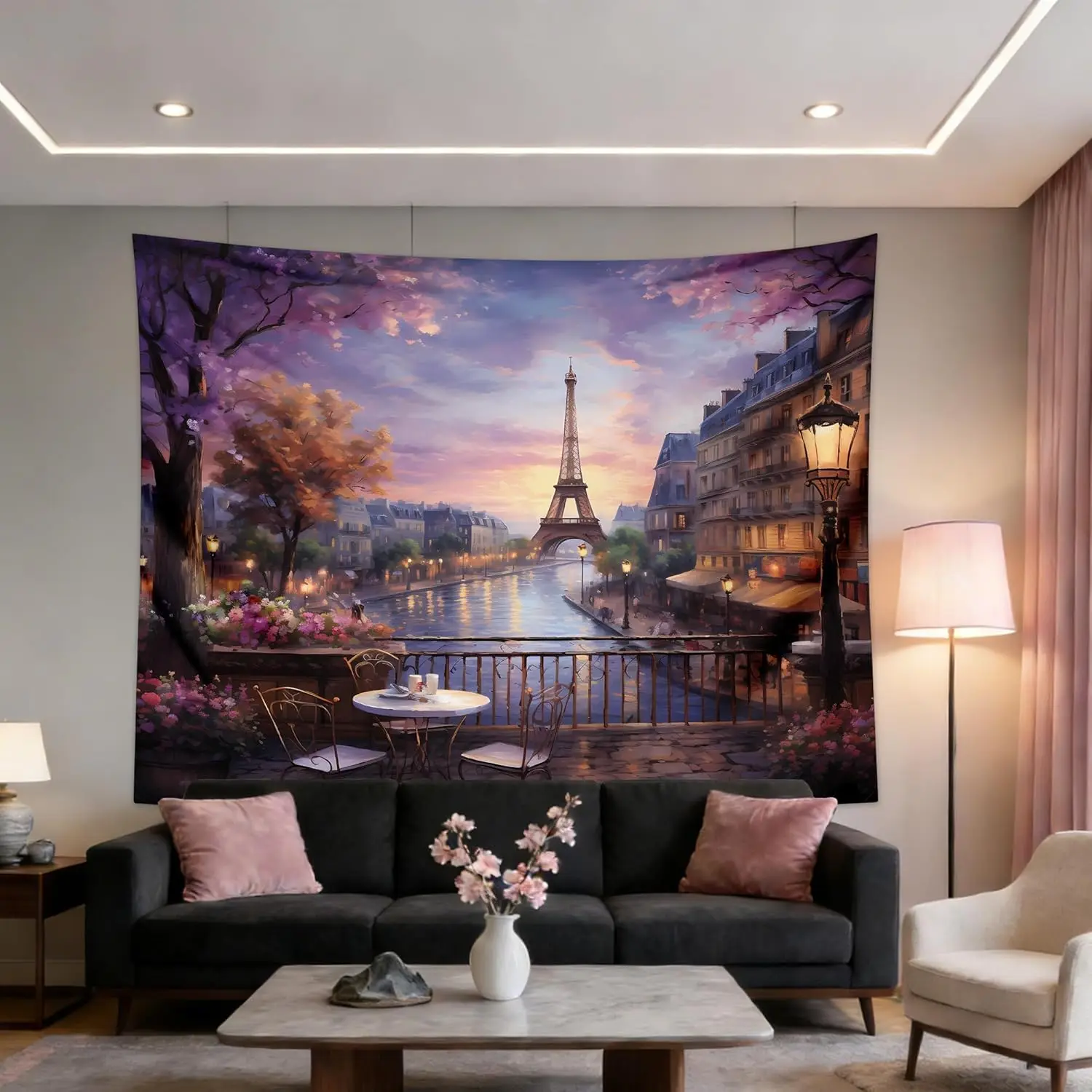 Paris Scenery Tapestry - Eiffel Tower & River View, Romantic City Wall Art, Living Room & Bedroom Decor, Multiple Sizes