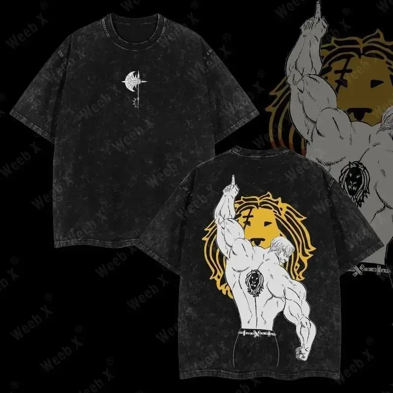 Camiseta con estampado de los siete pecados capitales de Escanor para hombre y mujer, camisetas de algodón lavado, estilo manga vintage, informal, talla grande, suave