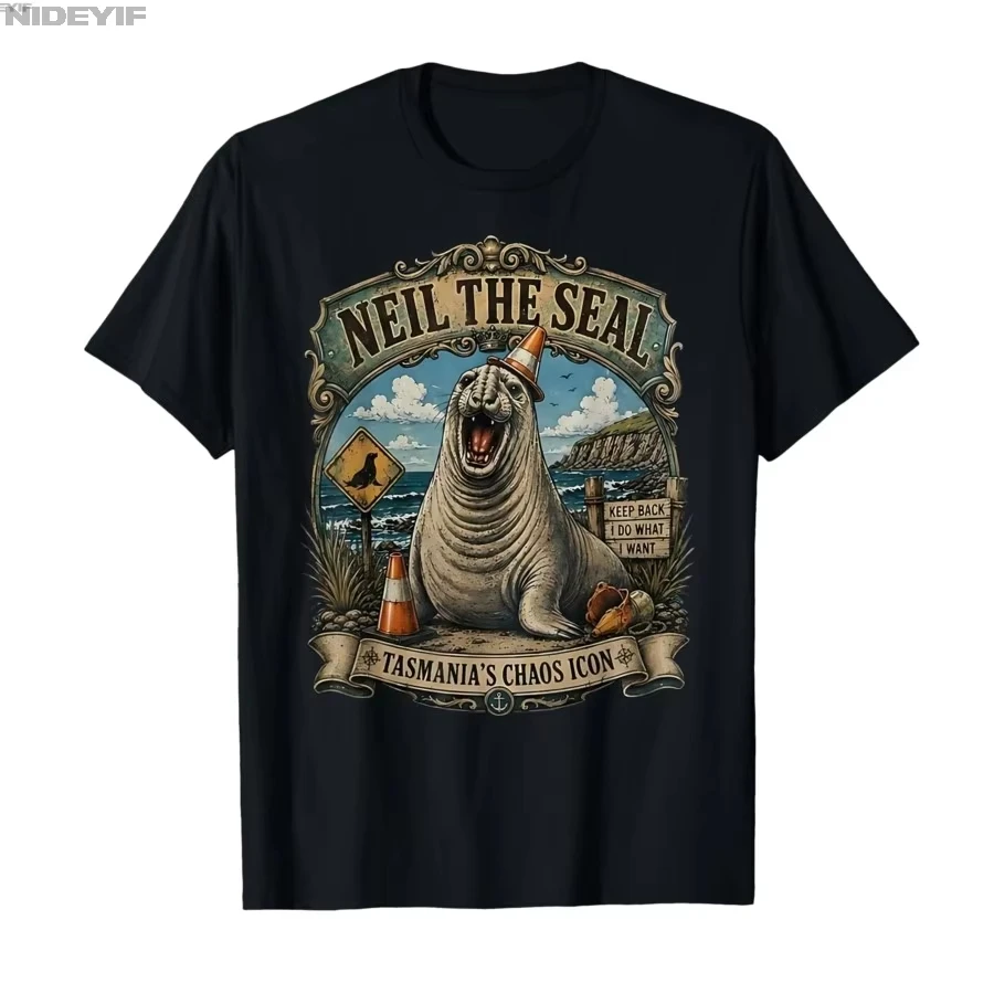 Neil The Seal Tasmania Traffic Cone Retro Summer Beach Seal T-shirt For Men Women 100% Cotton T Shirts Short Sleeve Tops P993