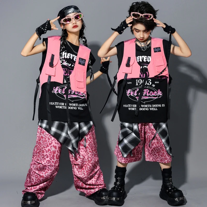 

Pink Hip Hop Dance Suit Cool Kids Jazz Dance Show Performance Outfit Black Top Leopard Print Pants Girl Fashion Streetwear 2174