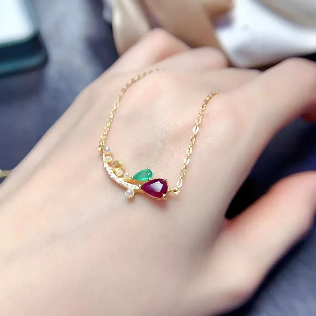 Natural Ruby Emerald Sterling Silver NecklaceLarge Stone Luxury Jewelry Ideal As A Gift and Daily or Holiday Occasion Wea