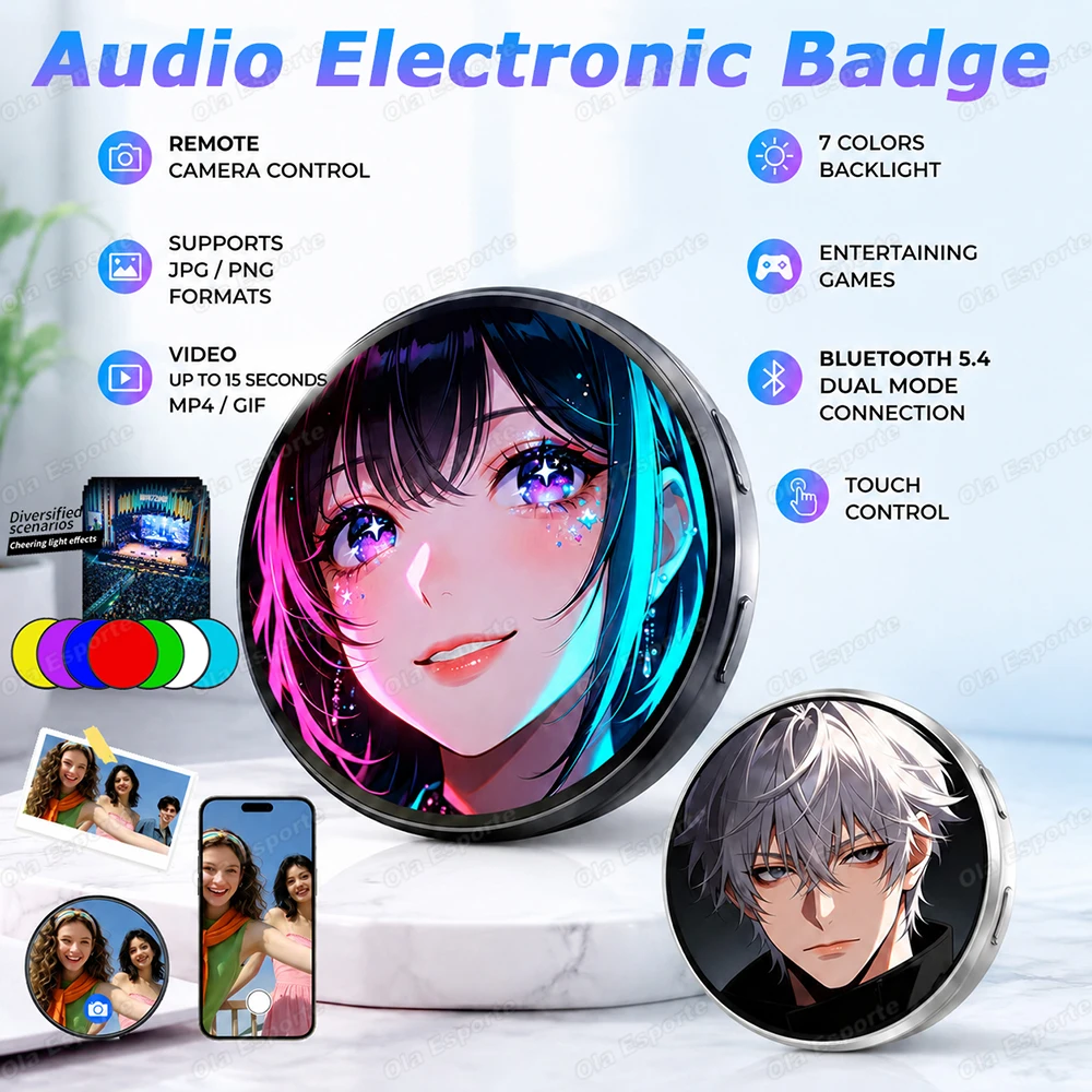 Intelligentes Elektronisches Anime-Abzeichen Bluetooth 6.0 DIY Benutzerdefiniertes GIF Video Bild Fernbedienung Selfie-Gadget Digitales Abzeichen für Cosplay BW01