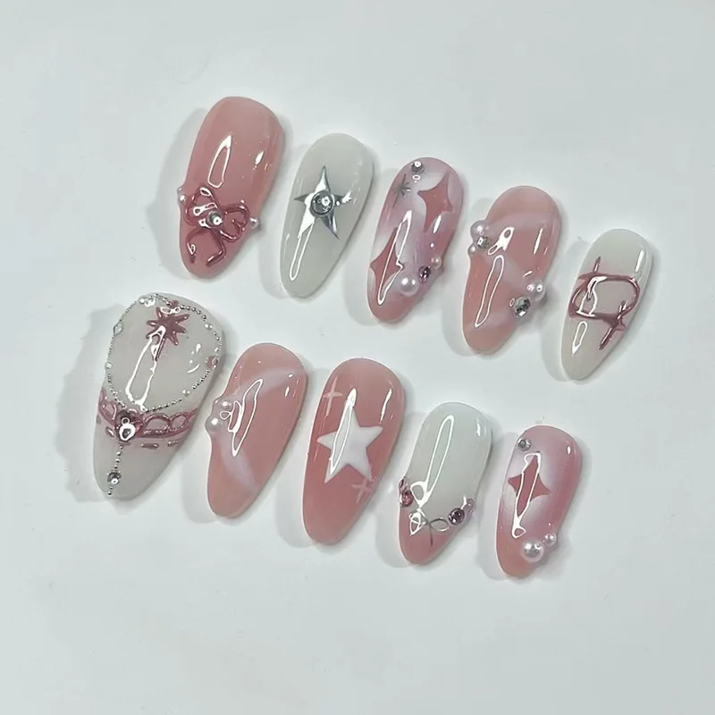 

24Pcs Mid-length Almond False Nails Bow Rhinestone Pearl Design Full Cover Nails Tips Star Pattern Reusable Press on Fake Nails