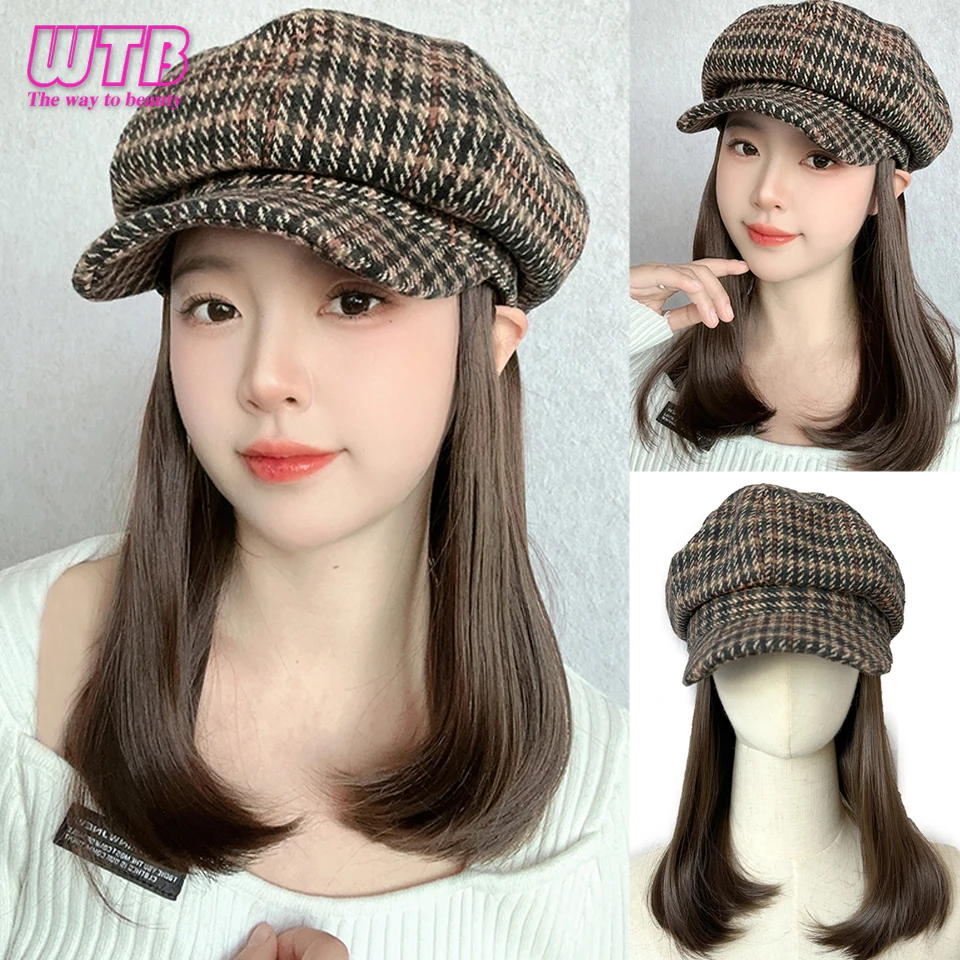 Synthetic Hat Wig Medium Long Hair boinas Berets wig caps for women Octagonal Hat wig Extensions Hair Accessories