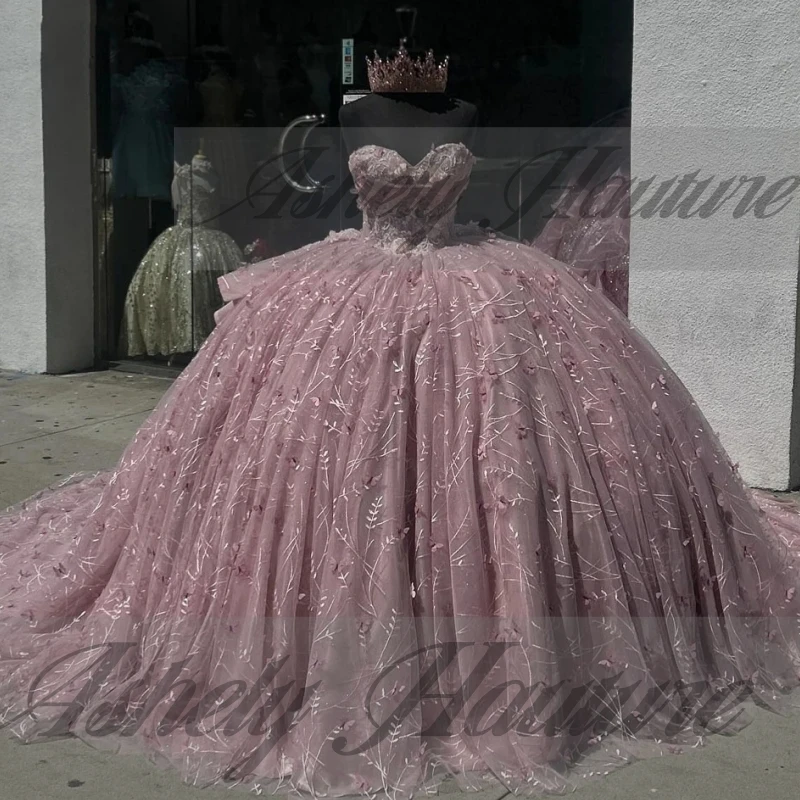 ที่กําหนดเองเม็กซิกันสีชมพูเจ้าหญิงสาว Quinceanera ชุดลูกไม้ Applique Ball Gown ผู้หญิงชุดราตรี Vestido De xv Anos 2025
