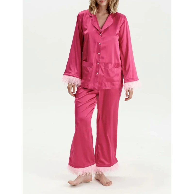 

Combhasaki Women Satin Silky Pajamas Set Feather Cuff Long Sleeve Turn Down Collared Shirts + Elastic Waist Pants 2Piece Outfits