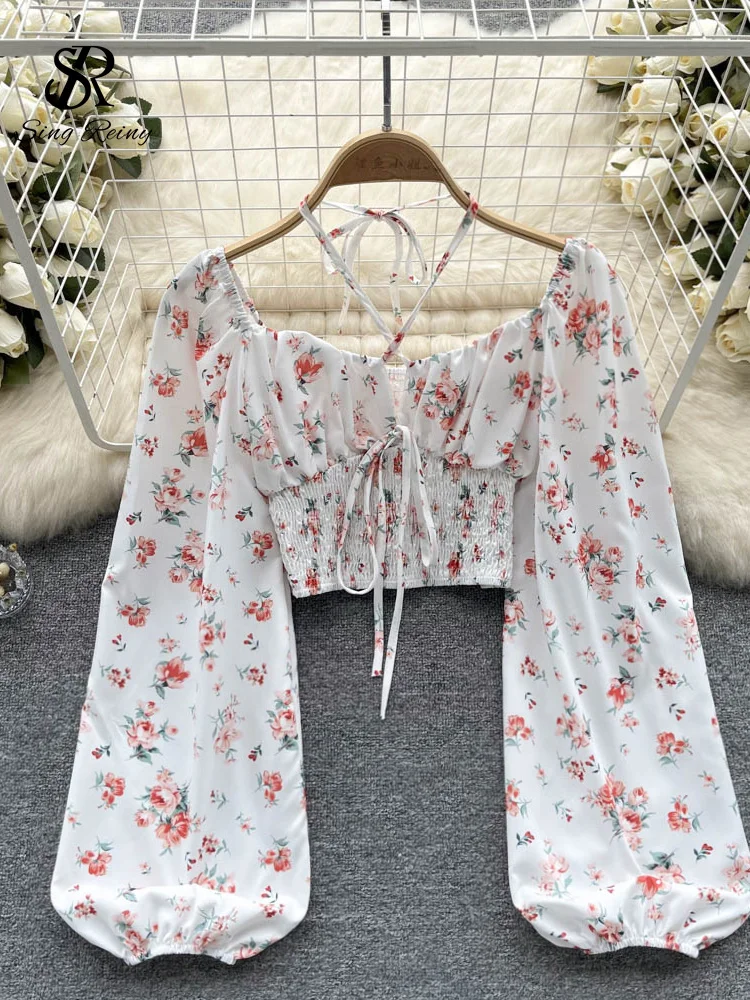 SINGREINY Summer French Style Print Short Blouse 2024 Long Sleeves Elastic Beach Top Women Fashion Backless Ruched Floral Blouse