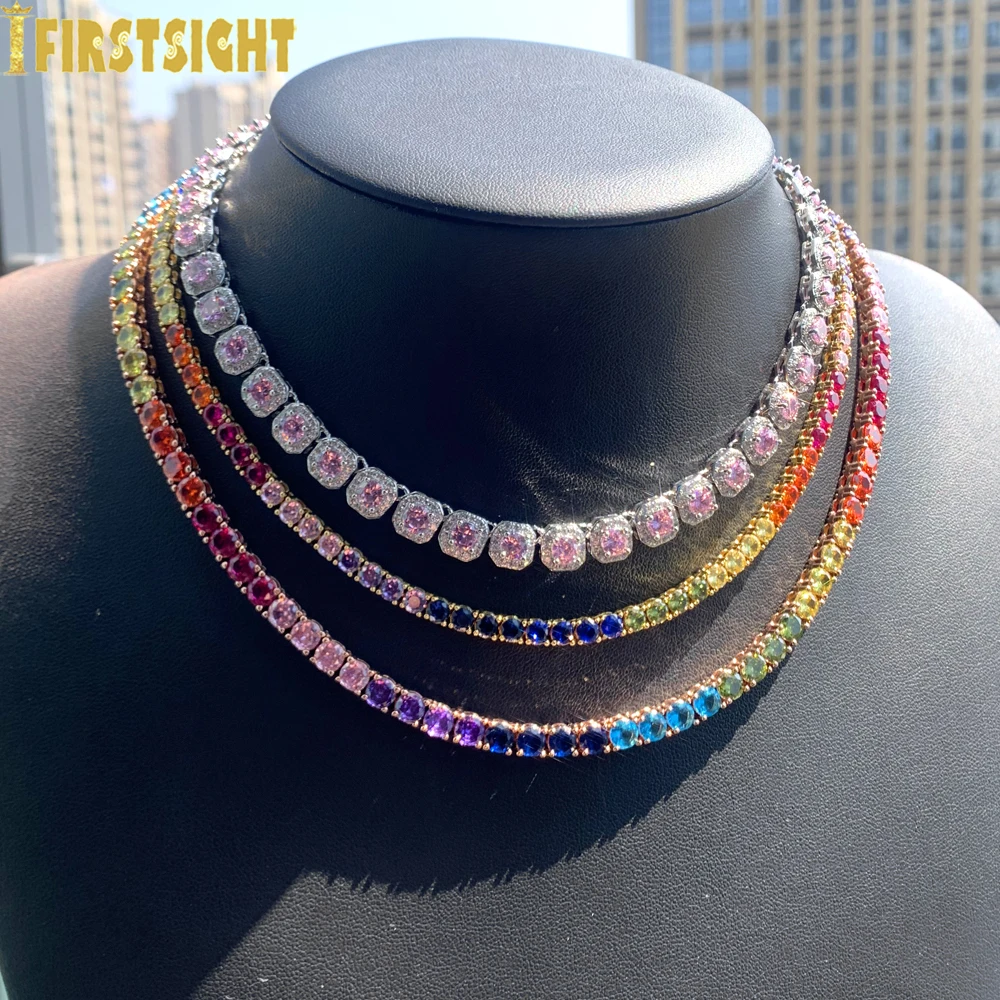 Iced Out Clustered Tennis Chain Necklace Hip Hop Rainbow Cubic Zirconia Silver Color Fashion Rock Women Jewelry