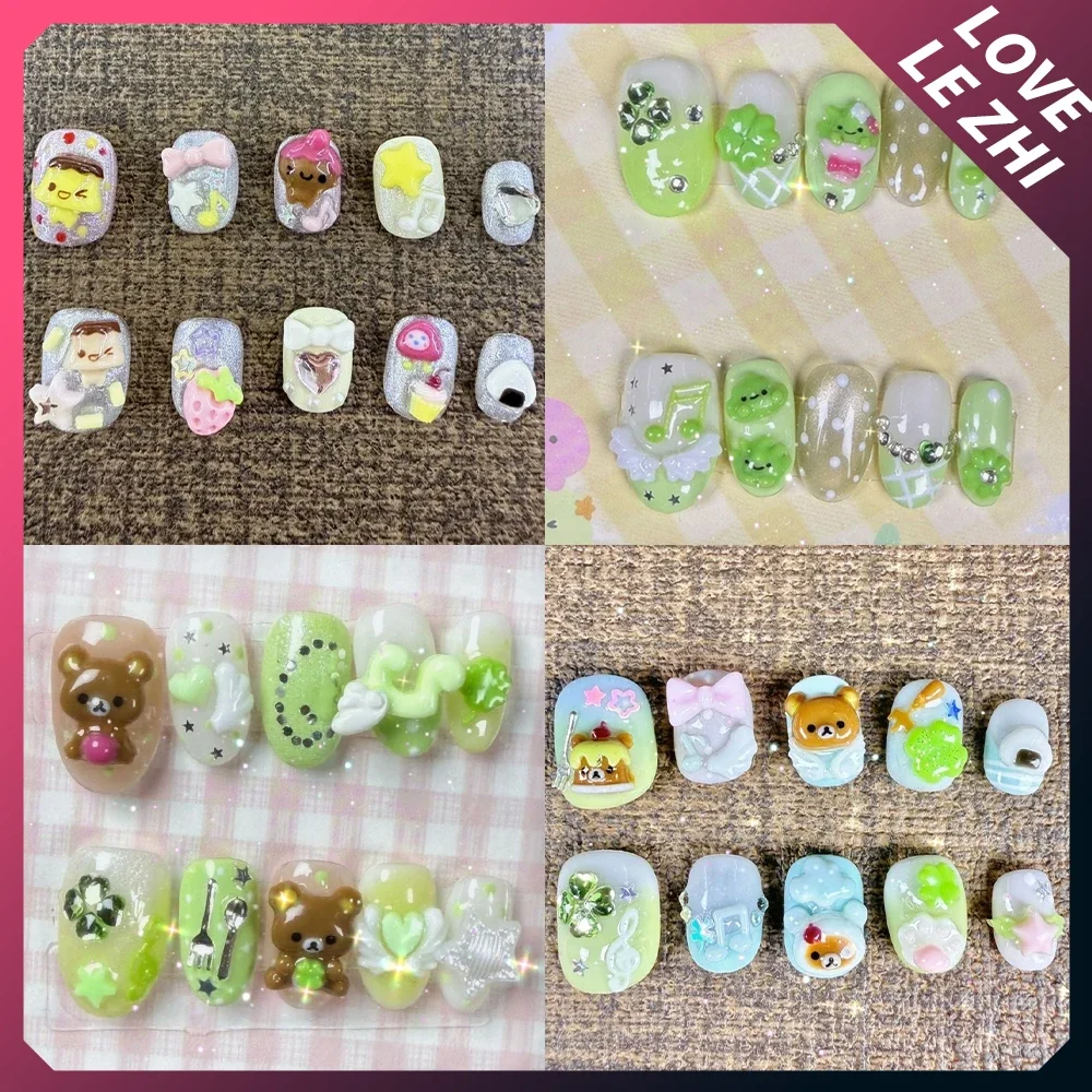 

Cute Anime Rilakkuma Short Square Ellipse Handmade Fake Nail Cartoon Winged Four-Leaf Clover Bowknot Star Diamond Press On Nails