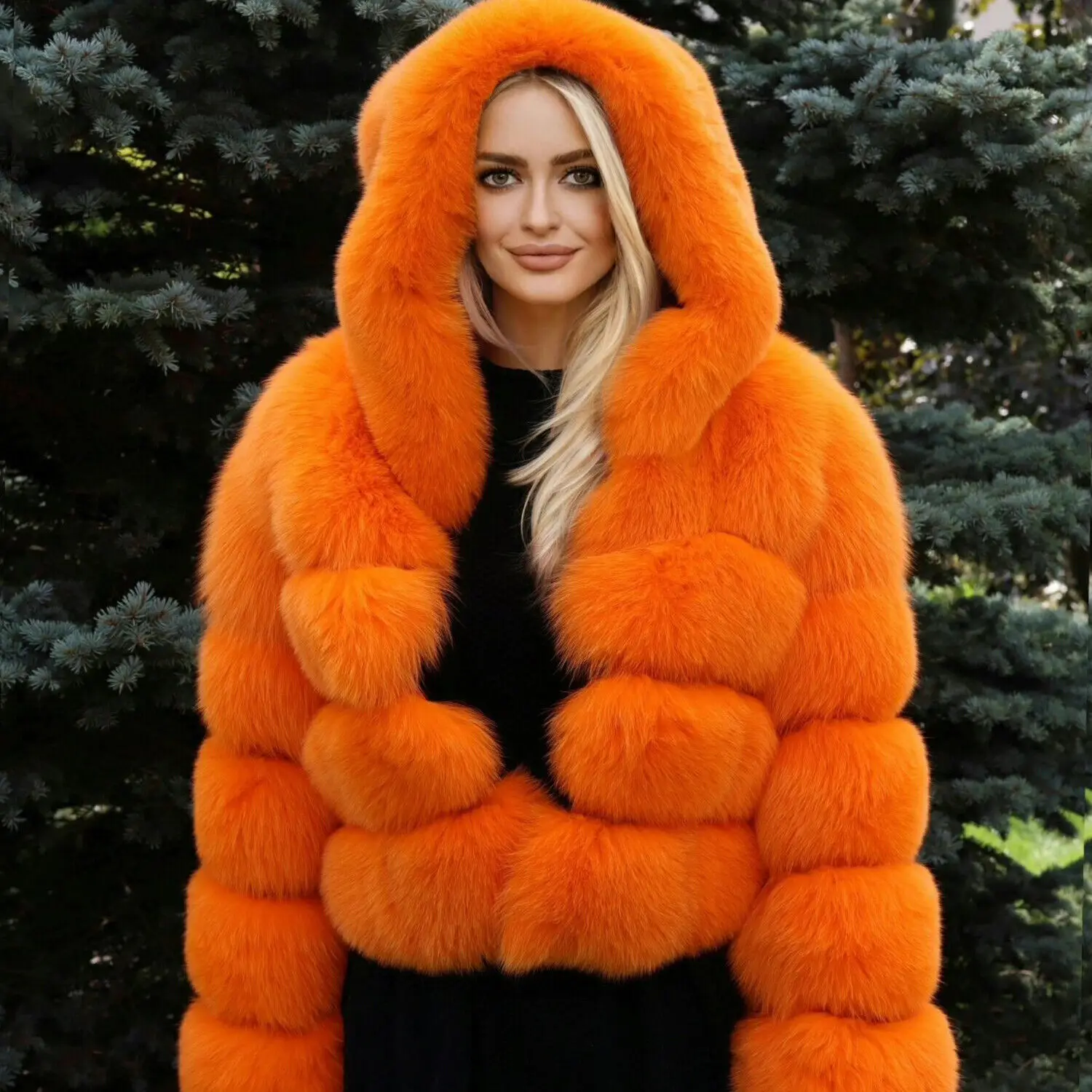 Hooded Orange Fox Fur Outertwear Women Winter Warm Thicken Tops Long Sleeve Stripe Bomber Jacket Female