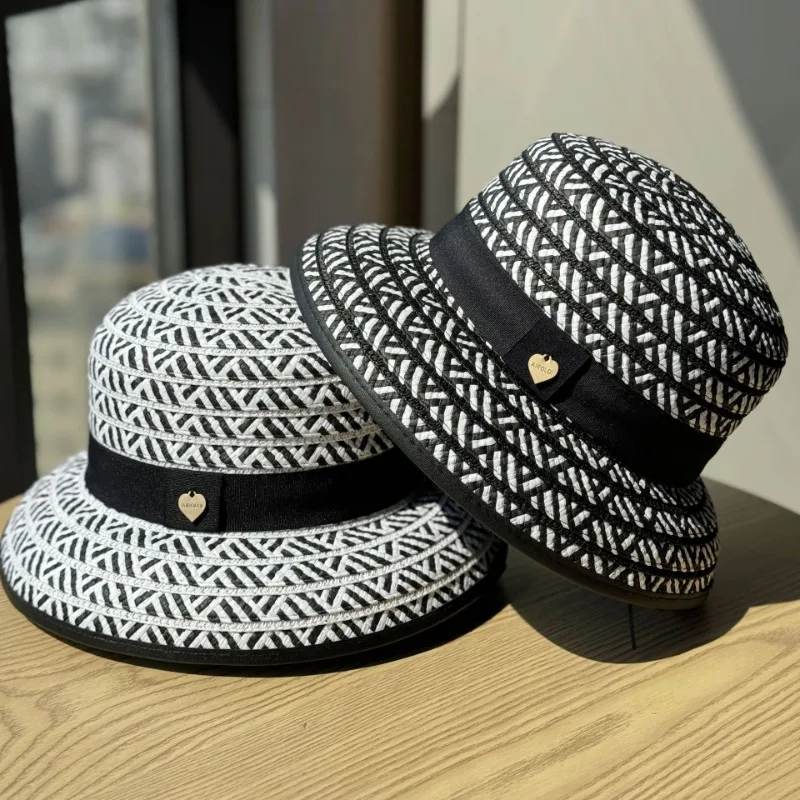 New Hepburn Style Fisherman Hat Children  Black and White Splicing Temperament Straw Hat Outdoor Sunscreen Sun Hat