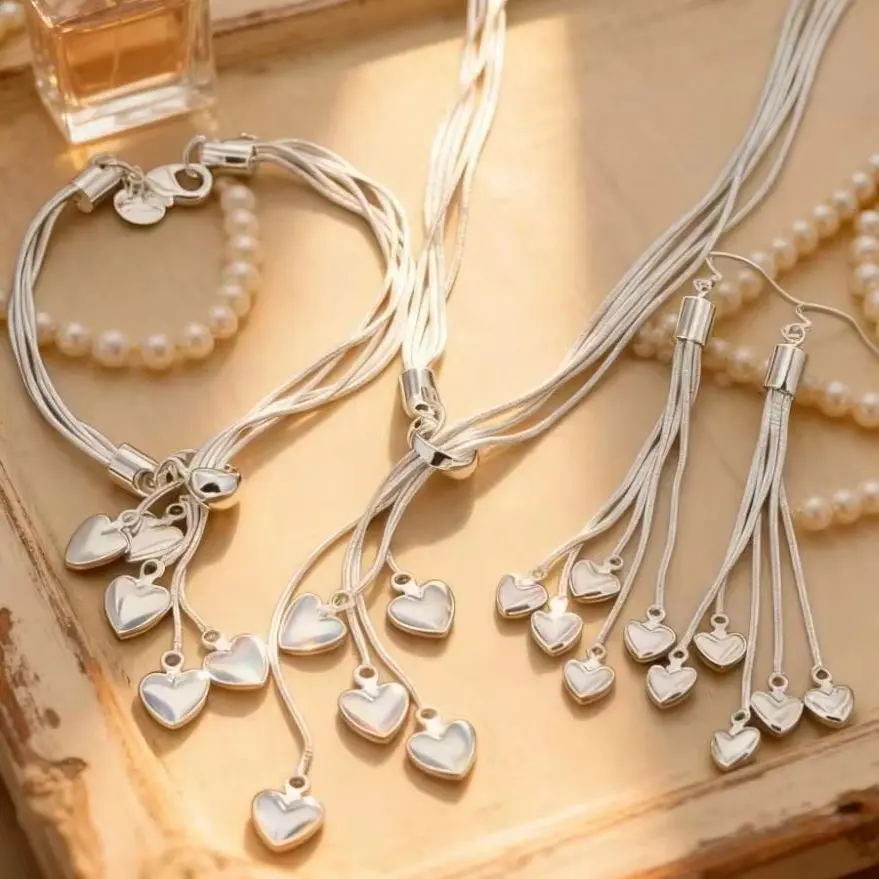 Ensemble de bijoux en argent sterling 925 en forme de cœur pour femmes - Colliers, boucles d'oreilles et bracelets assortis, accessoire de mode pour fête et mariage