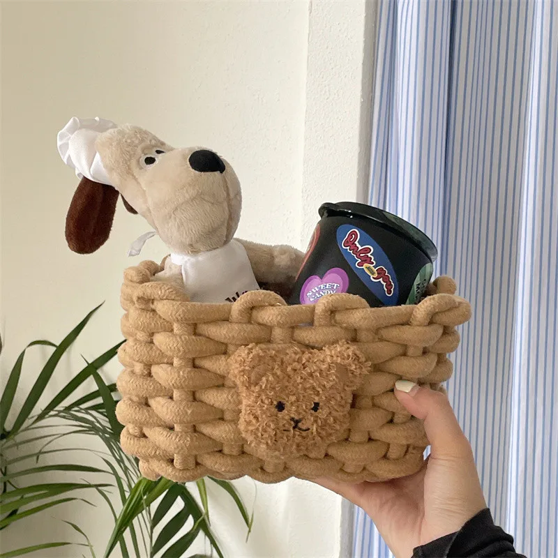 Ins Kawai Desktop Storage Basket Korean Bear Cotton Linen Woven Basket Cute Cosmetics Makeup Sundry Storage Basket Organizer Box