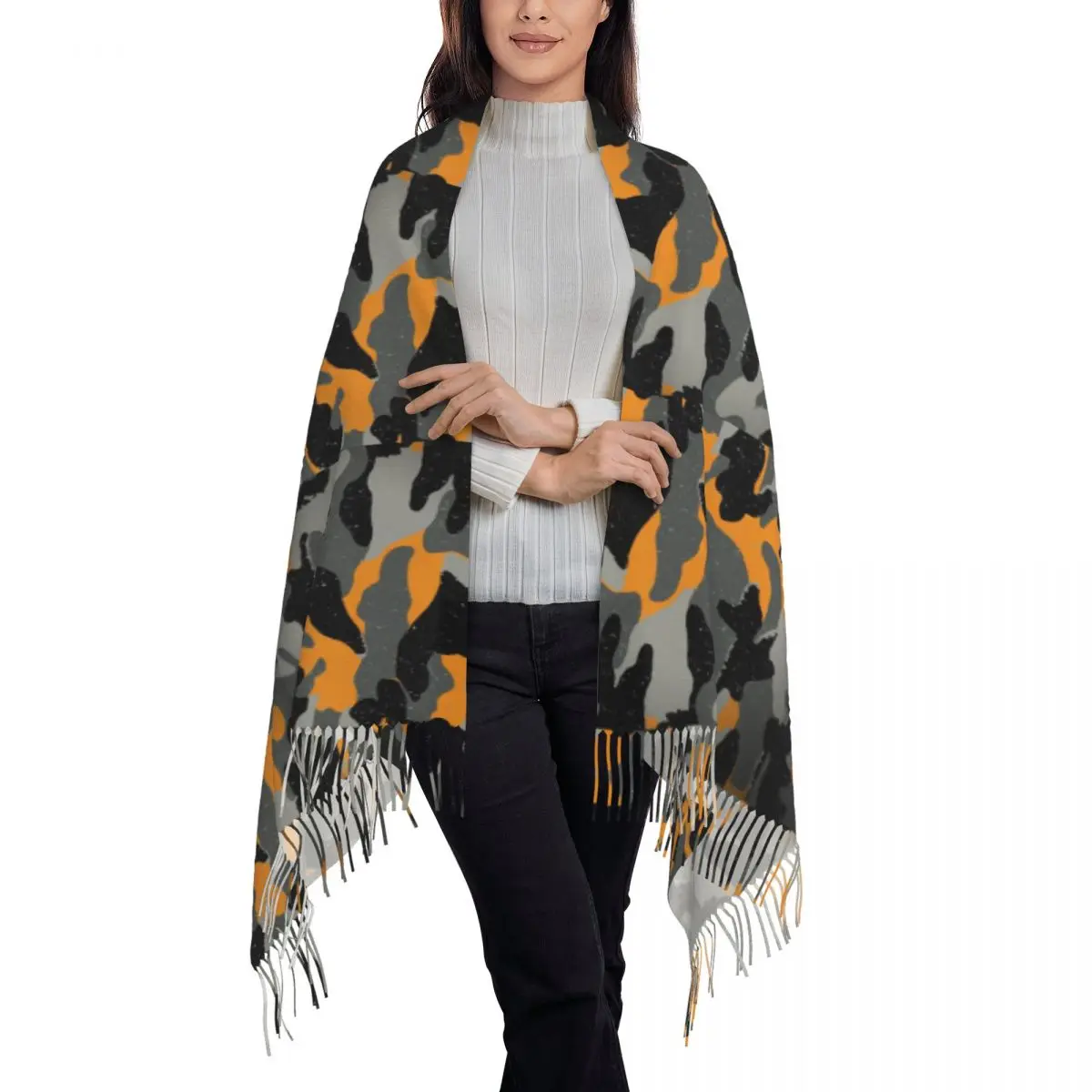 Tiger Stripe Camouflage Black Camouflage Military Camo Tassel Scarf Women Soft Shawl Wrap Female Winter Fall Scarves