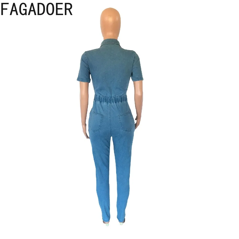 FAGADOER Fashion Bodycon Button Hollow Denim Jumpsuits Women Turndown Collar Button Skinny Pants Playsuit Female Cowboy Overalls