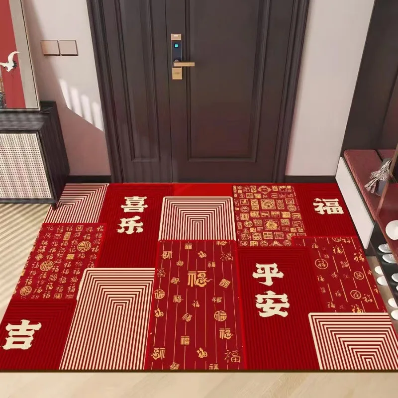 2D Flat Red Chinese New Year Peace Joy Fu Character Flannel Door Mat Non Slip Traditional Entryway Rug For Home Decor