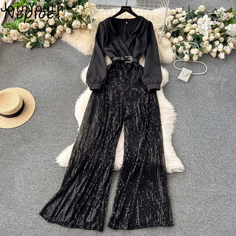 vintage Summer New Slim Waist Jumpsuits Fake Two Piece Long Sleeve Shirts Patchwork Pants Y2k Loose Sequined Wide Leg Pants