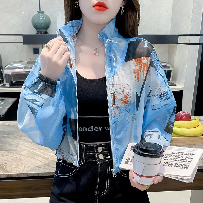 เสื้อแจ็คเก็ตสั้นผู้หญิง 2025 ฤดูร้อนใหม่พิมพ์เสื้อผ้าป้องกันแสงแดดผู้หญิงเสื้อบางแขนยาวBreathableครีมกันแดดแจ็คเก็ต