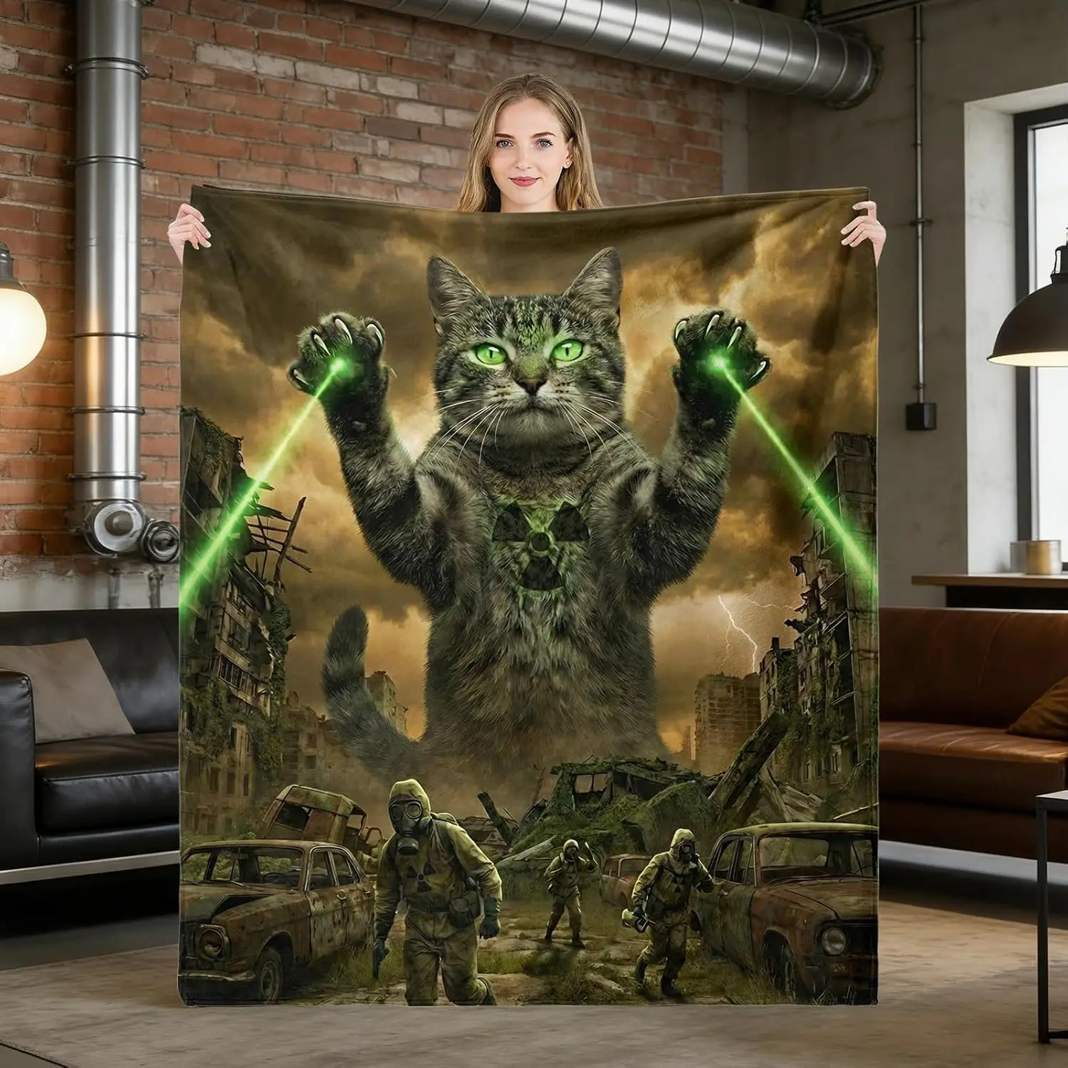 Funny Monster Cat Throw Blanket Radioactive Giant Disaster Wasteland Tabby Nuclear Spooky Sci-Fi Art Accessory