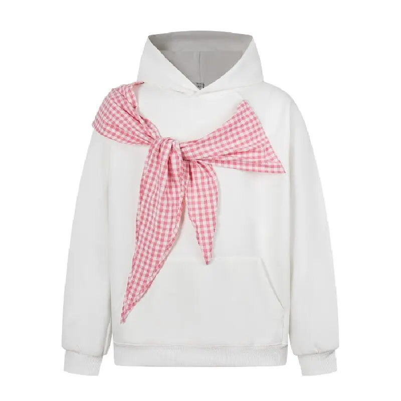 여성 패치 워크 그리드 레이스 업 보우 스웨트 아메리칸 스타일 하이 스트리트 다목적 가을 겨울 탑 트렌디 패션 후드