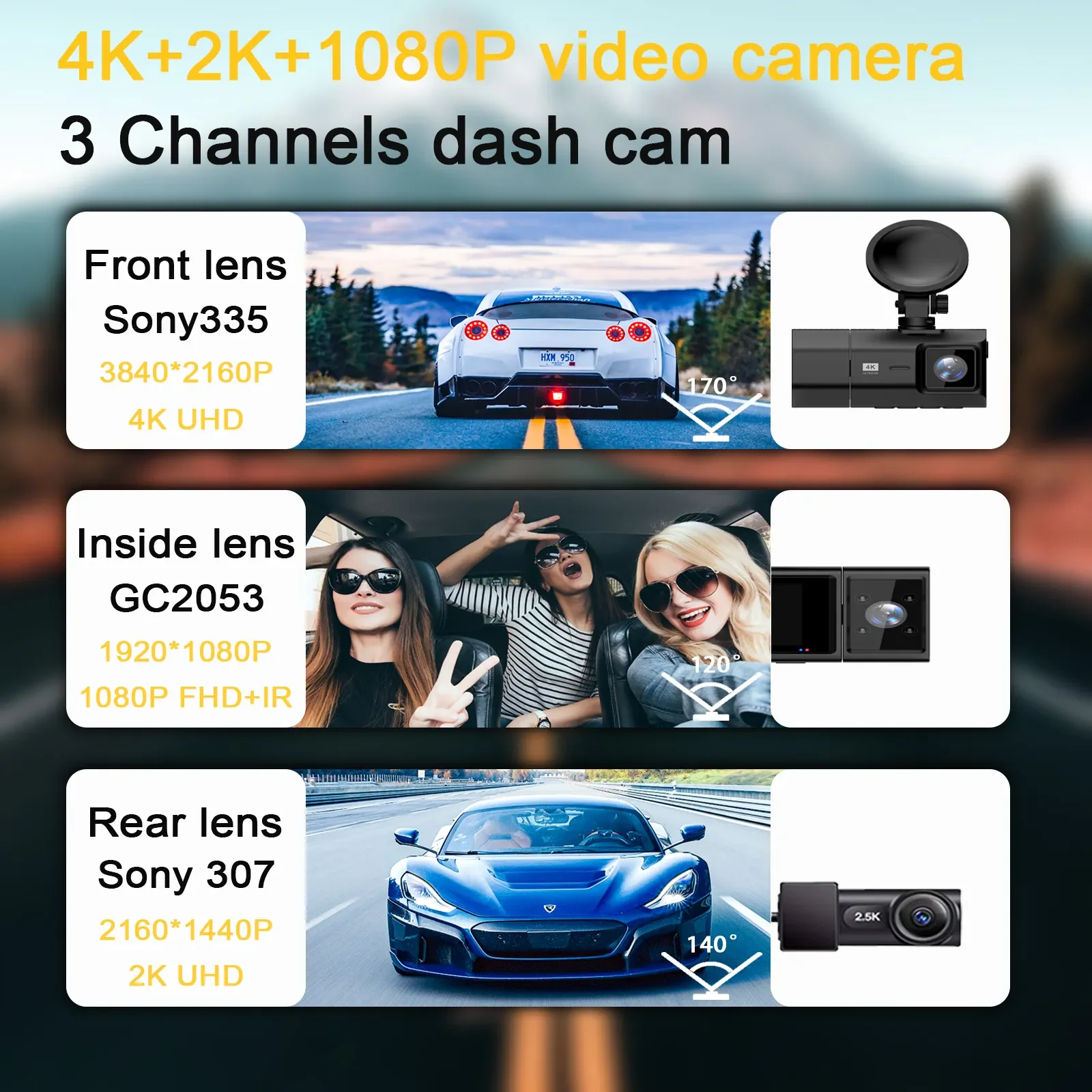 3 قناة للرؤية الليلية 3 عدسة مسجل IPS LCD FHD 2.5K كاميرات نظام تحديد المواقع واي فاي داشكام لسيارة كاميرا فيديو كاميرا داش مزدوجة