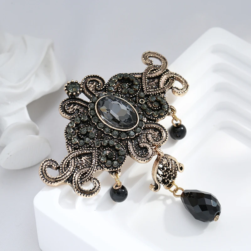 Wbmqda Turkish Vintage Gray Crystal Flower Brooch For Women Black Teardrop Pendant Antique Gold Luxury Fashion Jewely 2023 New