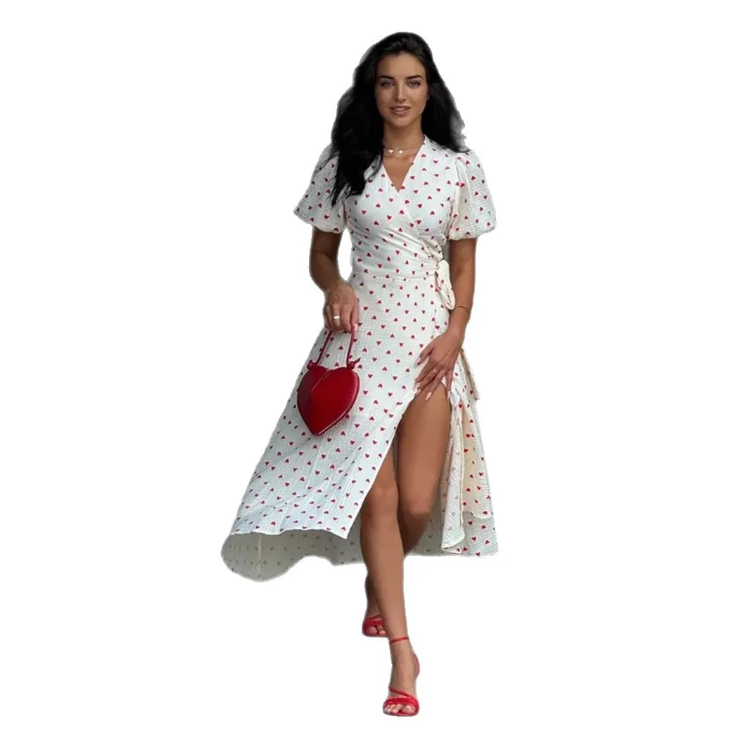 Vestido longo estampado f de verão, com amarração na cintura, manga bufante, saia em linha A, cintura alta, estilo cas...