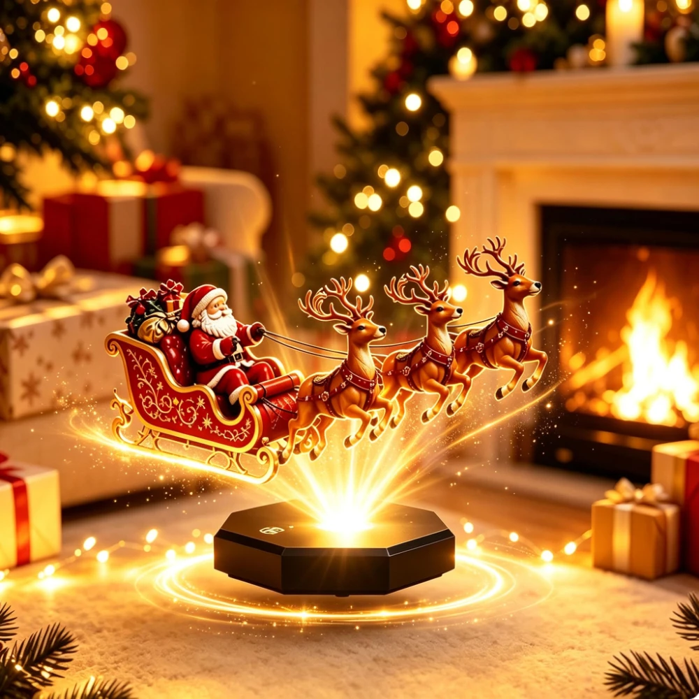 Flying Santa Sleigh,Christmas Decorations Indoor - Floating Santa Sleigh and Reindeer Magnetic Levitating Santa Claus Figurines