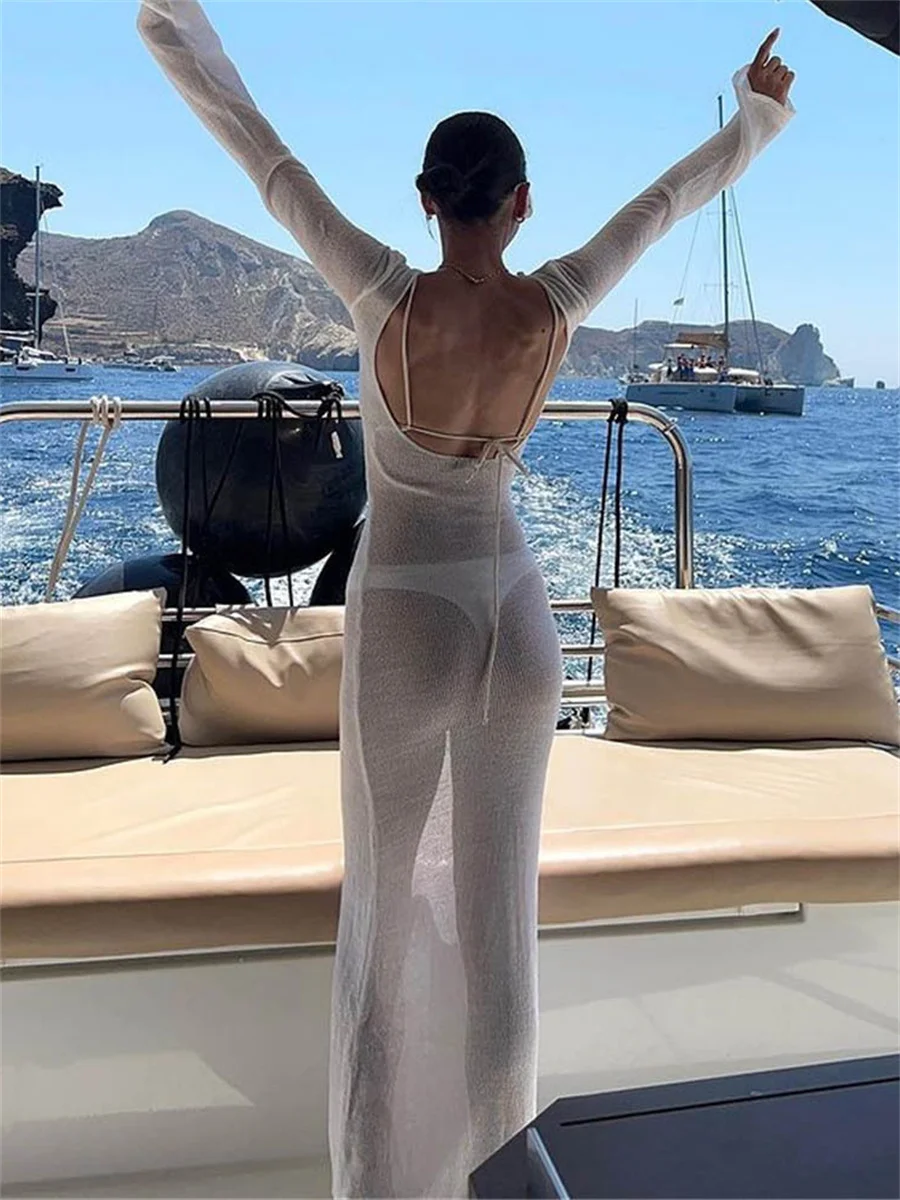 Sexy Backless Cover up Dress Mesh See Through Long Sleeve Women Dress Summer Casual White Maxi Beach Dresses Holiday Vestidos