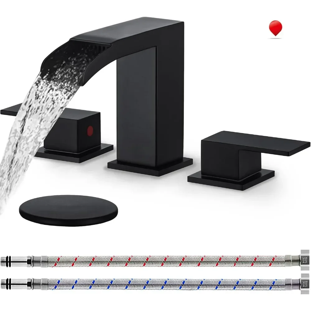 

Смеситель для ванной комнаты с водопадом, матовый черный, смеситель для раковины в ванной комнате с 3 отверстиями, широко распространенный набор смесителей для ванной комнаты с выдвижным сливом и шлангом
