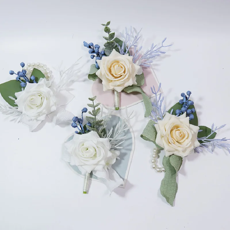 Boutonniere And Wrist Corsage Wedding Floral Simulation Flower Business Celebration Opening Guests Bust Hand Flower White Beige