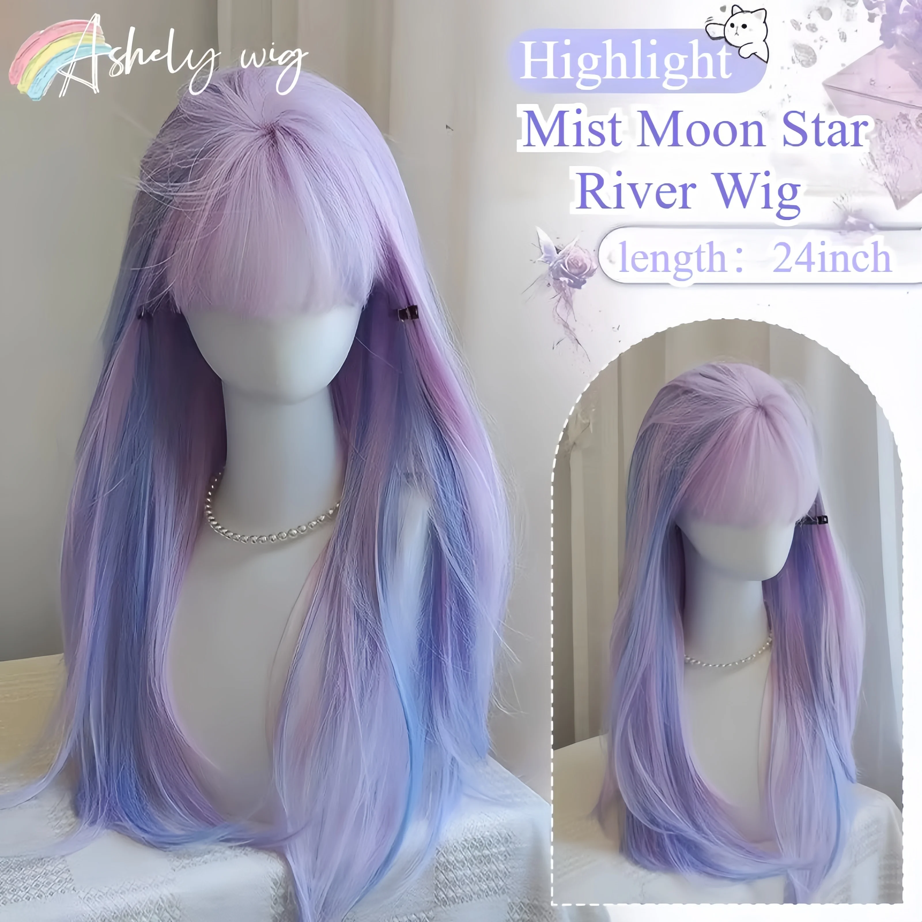 

Парик Jirai Kei Mist Moon Star River, женский, с фиолетово-синими прядями, прямые волосы, термостойкий синтетический парик из волокна.