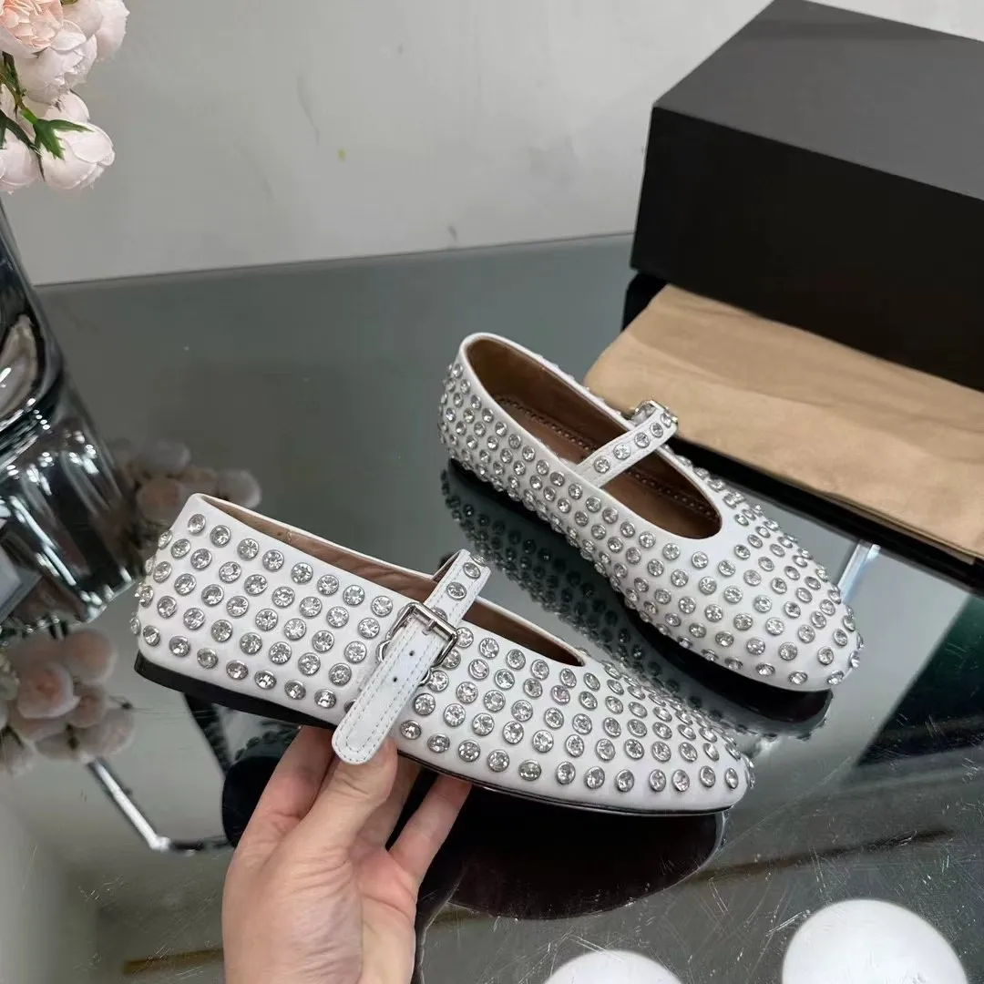 Designer Diamond Stud Ballet Mary Jane Flat Shoes For Woman Leather Crystal Comfortable Loafers Causal Flats Shoes Women