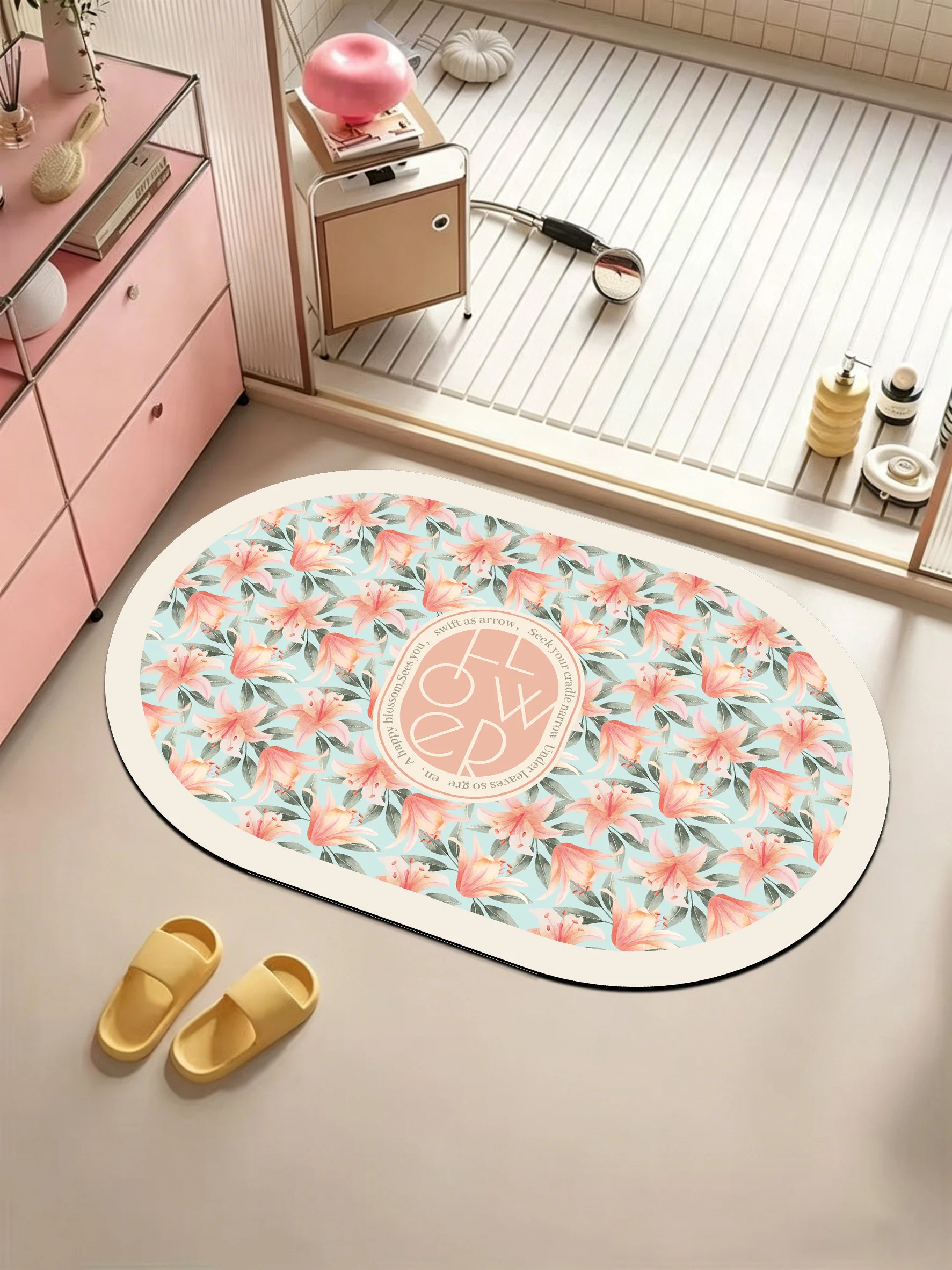 New kitchen & bath mats, light blue watercolor lily pattern. Non-slip, absorbent, easy clean.