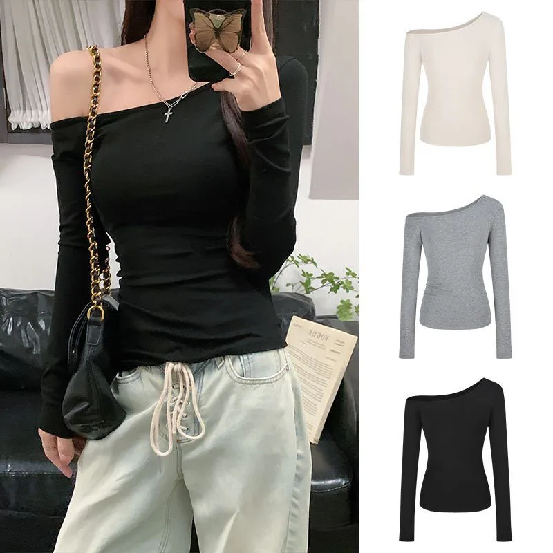 Lucyever Sexy Off Shoulder Long Sleeve T Shirt Women Solid Slim Bottoming Crop Tops Female Y2K Hot Girl Skinny Blouses Autumn