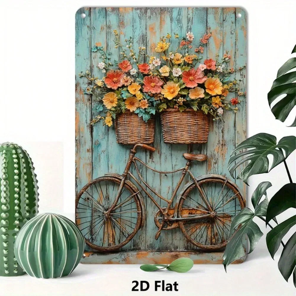 

Brand Vintage Bicycle Metal Wall Art Sign, Rustic Flower Decor with Turquoise Wood Background, Durable 2D Flat Iron Home Office