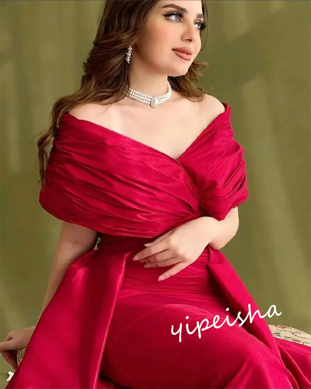 Disesuaikan Jiayigong Sparkle Prom Satin terbungkus gaun pertunangan Off-the-shoulder Bespoke acara Midi Gaun