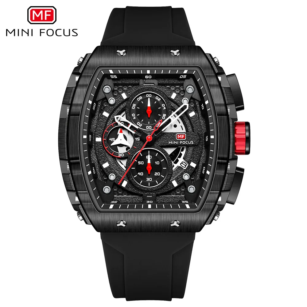 MINI FOCUS 0399G Men Quartz Watch Creative Unique Outdoors Sports Chronograph Date Silicone Strap Barrel Shape Male Watches