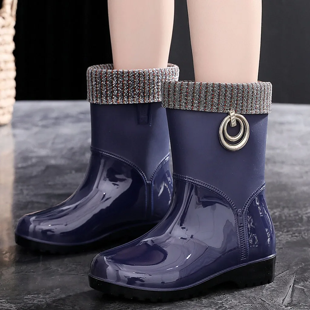 Rubber Rain Boots for Women Waterproof High Heel Fashion Girls Shoes Ladies Short Ankle PVC Rainboots Non-slip Fur Leather Boots