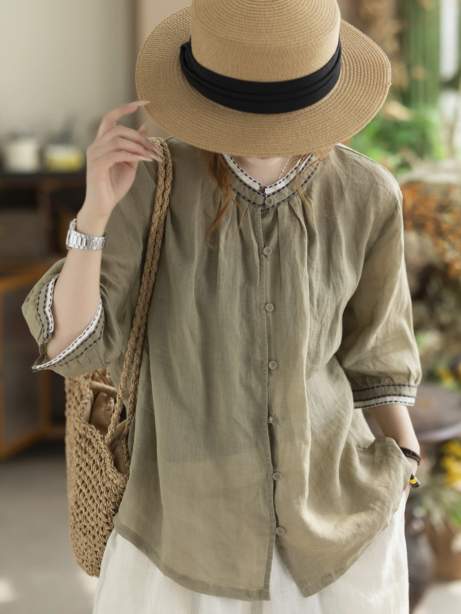 

Летняя новинка: женская свободная рубашка Camiyu с воротником-стойкой, рукавом 3/4, в повседневном стиле, из дышащей льняной ткани, приятная к коже.