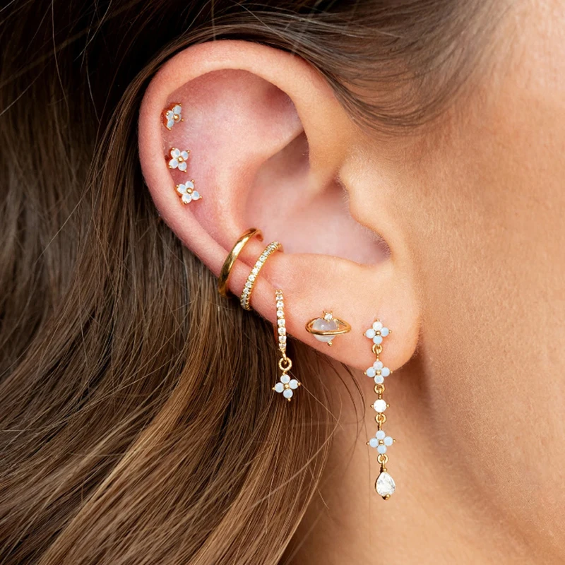 Stal nierdzewna Vintage cyrkonowe wisiorek kwiat kolczyki w kształcie koła dla kobiet prosta moda przytula chrząstki Piercing biżuteria aretes