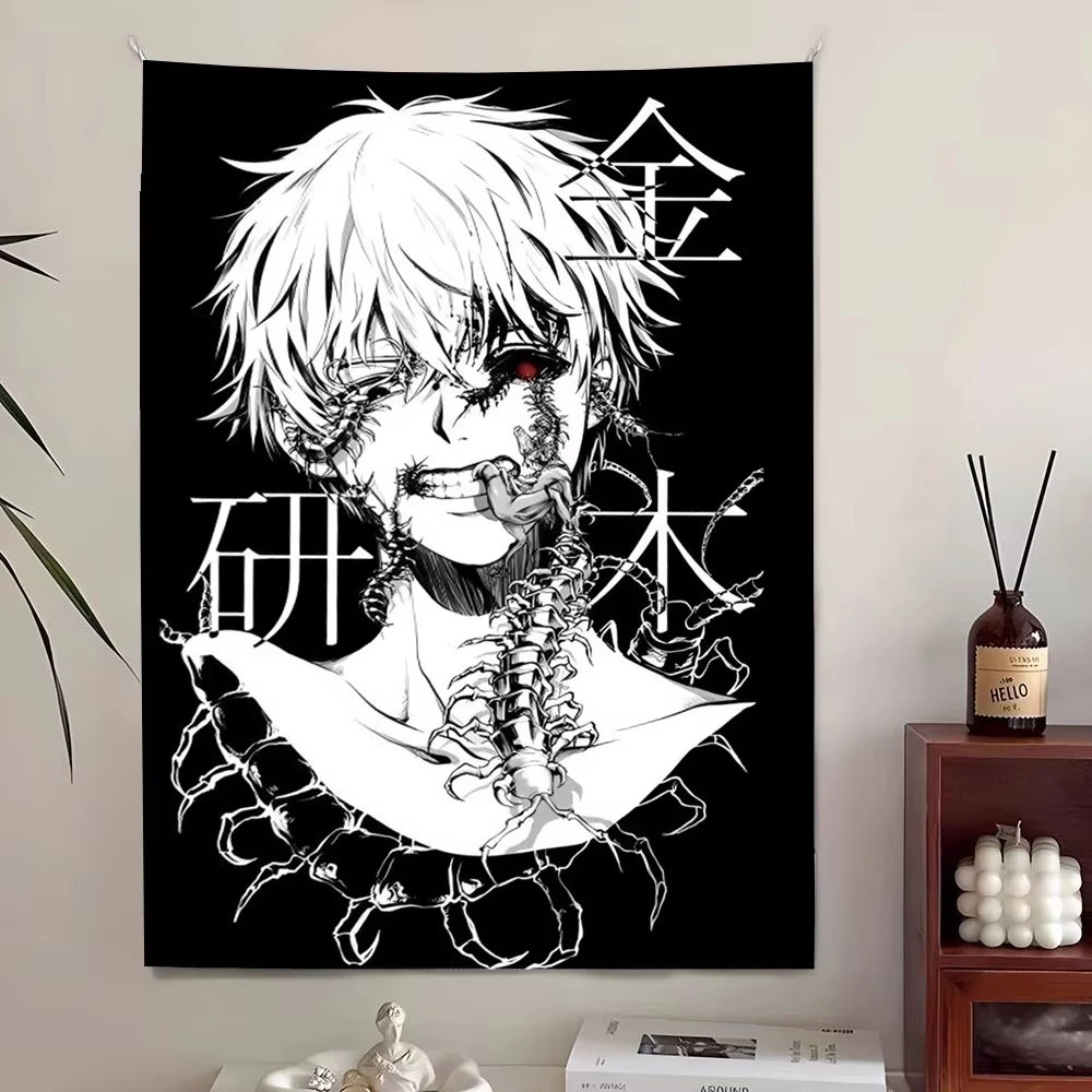 Dark Gothic Chain Cross Anime Boy Tapestry Black White Sketch Grunge Wall Hanging Bedroom Emo Goth Alt Aesthetic Decor