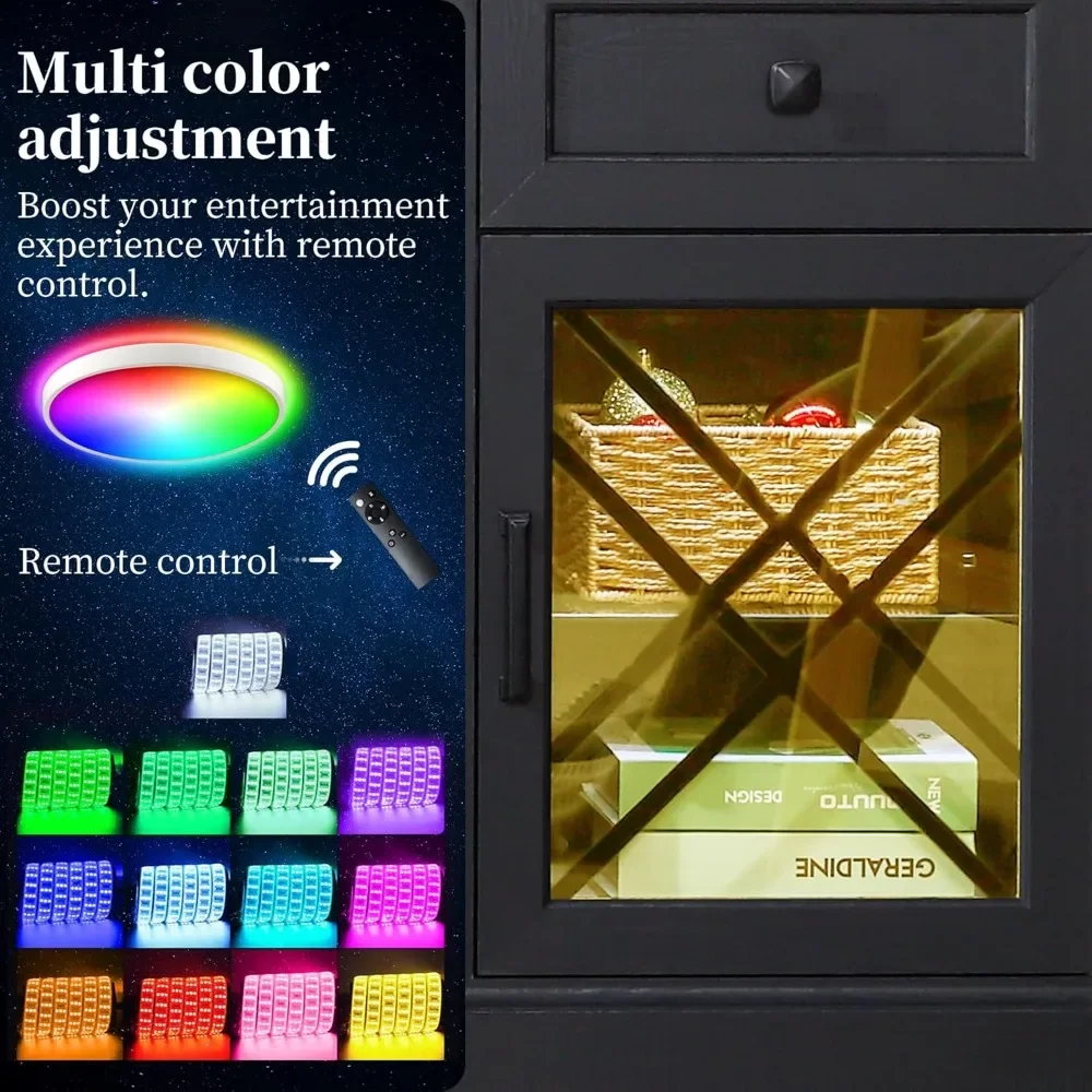 حامل تلفزيون حديث مقاس 70 بوصة مع مدفأة كهربائية لأجهزة التلفاز حتى 80 بوصة، أضواء LED، باب زجاجي، مركز ترفيه