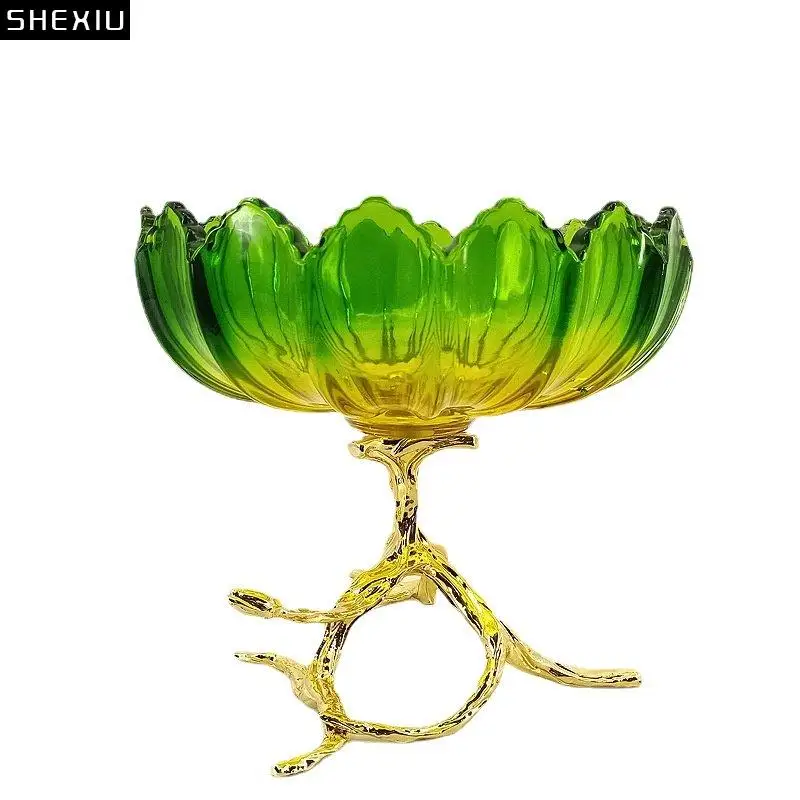 

Green Lotus Glass Fruit Plate Metal Branch Bracket Transparent Fruits Tray Glass Bowl Desktop Snacks Candy Plate Storage Basket