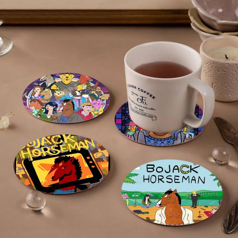 B-BoJack Animation H-Horseman Wooden Coaster Colour Printing Cup Mat Home Desk Decoration Gifts