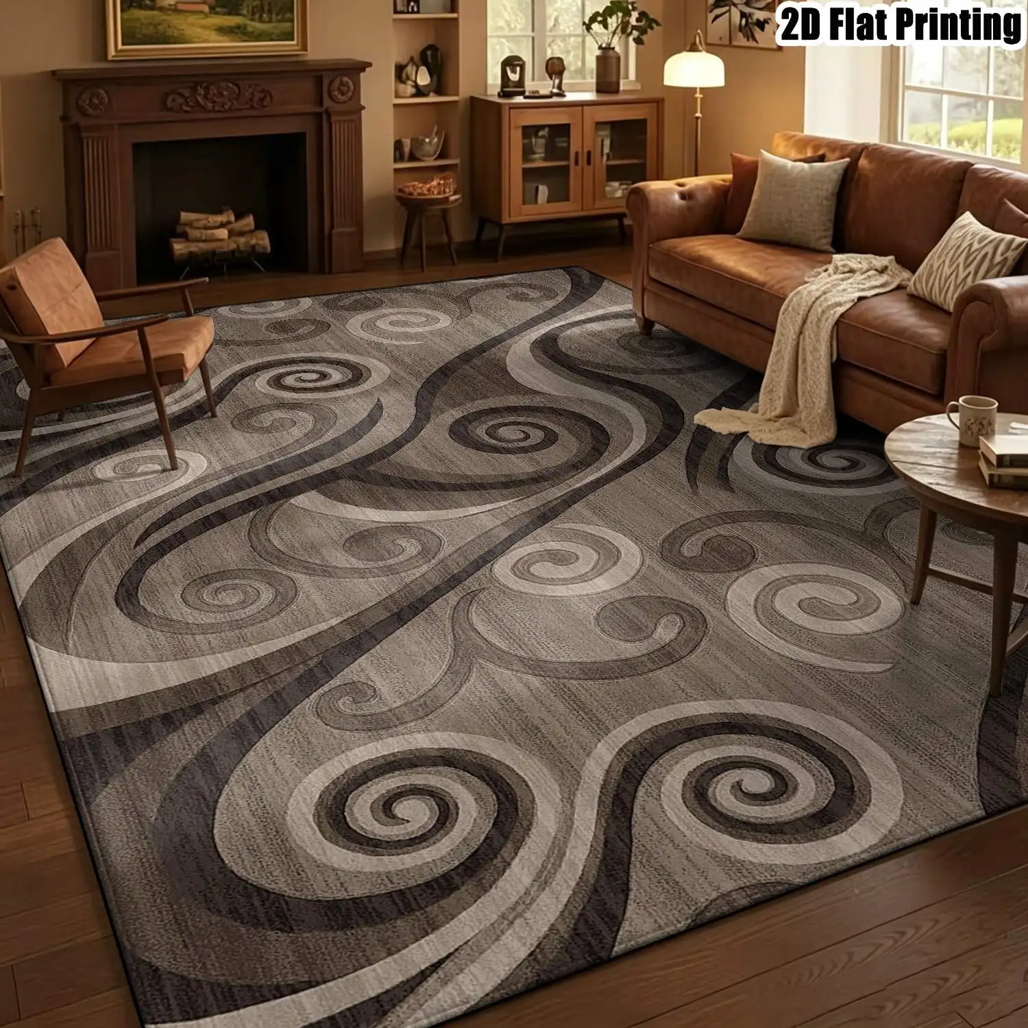 1Pc 2D Printed Brown-Grey Spiral Pattern Carpet: Vintage, Modern Minimalist, Geometric Striped, European Style, Machine Washable, Multi-Size, for Living Room, Bedroom, Dining Room, Entrance, Study Home Decoration