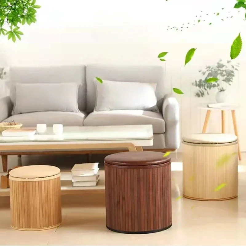 Bamboo Foot Stool with Shell Storage Multifunctional Hallway Ottoman Stable Load-Bearing Furniture for Home Eco-Friendly Design