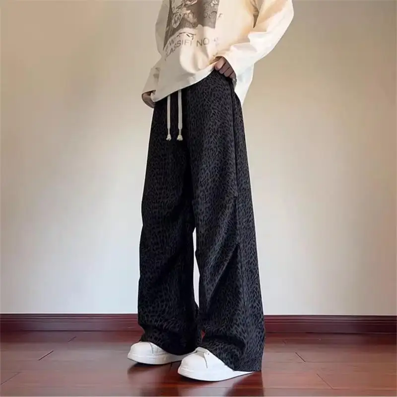 Men's Casual Loose Wide Leg Pants Autumn Winter Outfit Dyeing Design Casual Long Trousers Leopard Print Men's Pants