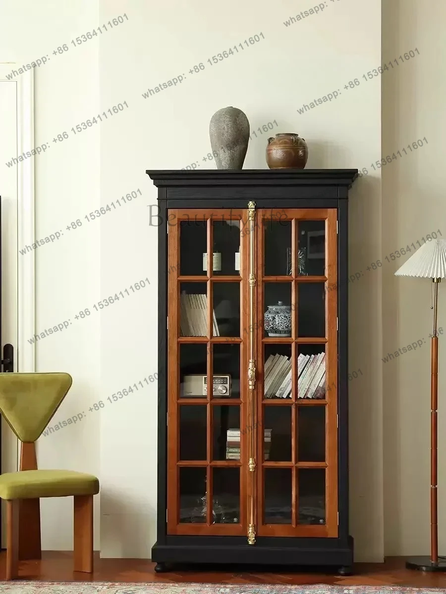 

Light luxury retro solid wood wine cabinet French antique double door glass dining side display cabinet simple storage