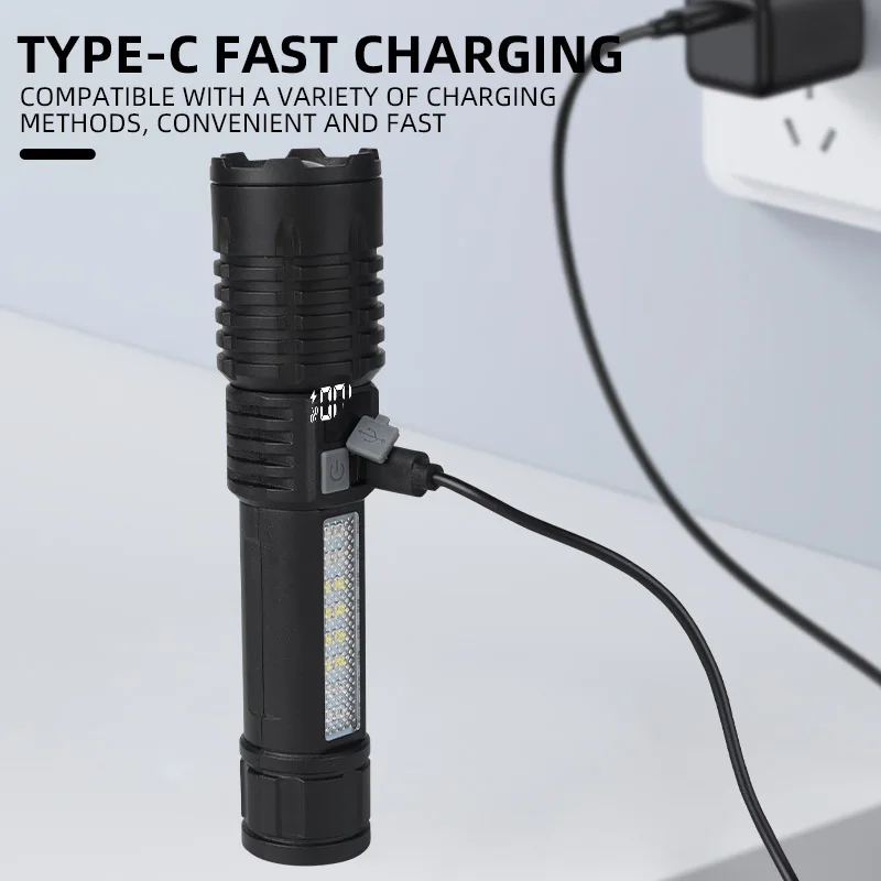 Portable Rechargeable High Power LED Flashlights With Display Screen Zoom Tactical Torch Lamp with Emergency Side Lights Lantern